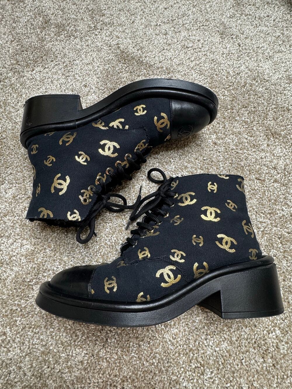2022 Interlocking Gold CC Logo Combat Boots Fabric Lambskin Women's Size: 7/37